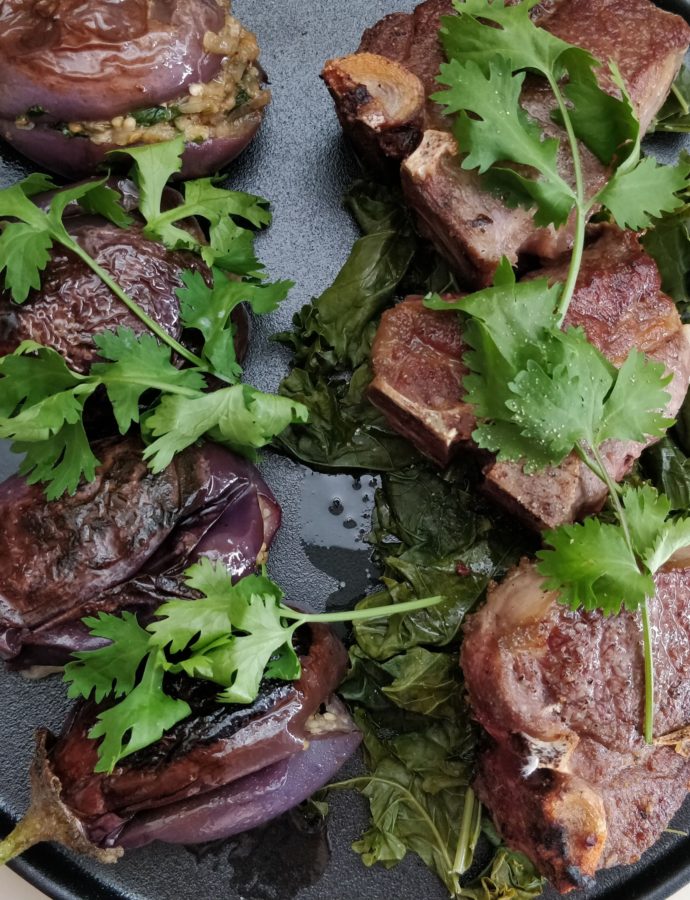 Lamb Chops and Spice-Stuffed Eggplant (Paleo)