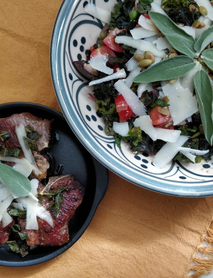 Sage Brown Butter and Pecorino Salad and Lamb Chops
