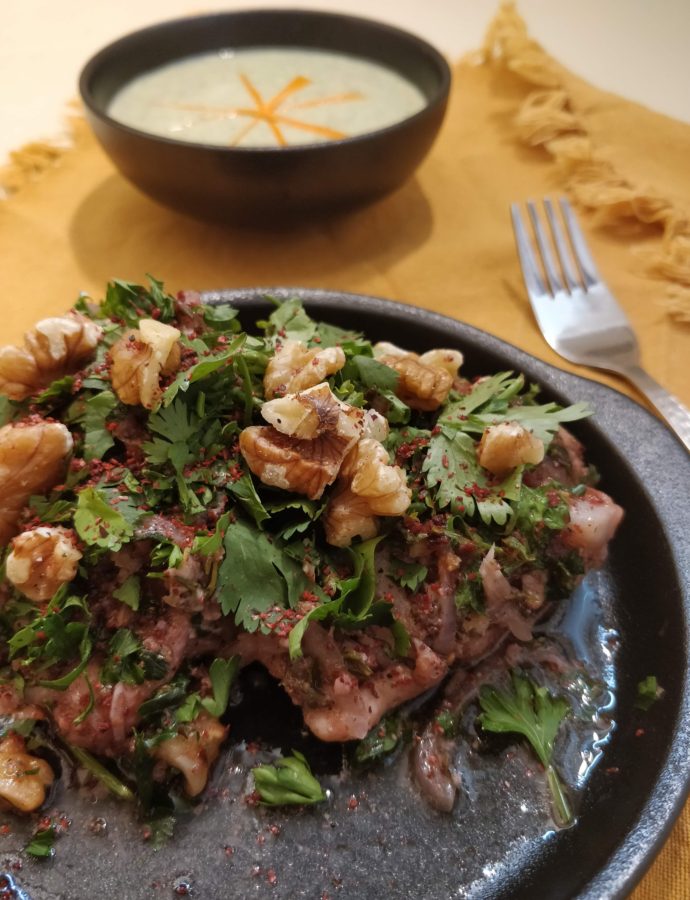 Braised Sumac Chicken Thighs with Carrot Top Tahini Yogurt Sauce