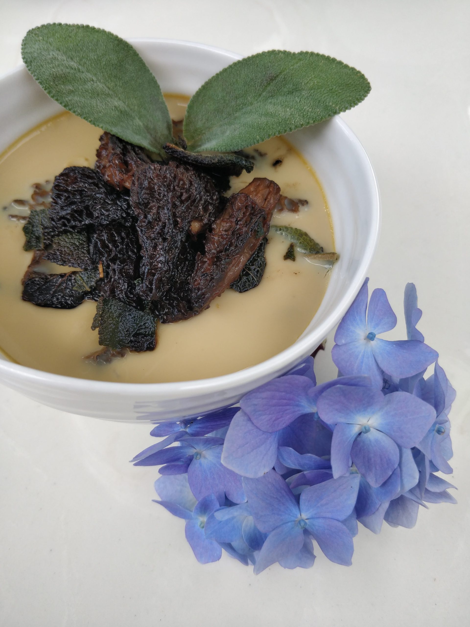 Morel Chawanmushi with Butter Fried Sage (アミガサタケの茶碗蒸し)