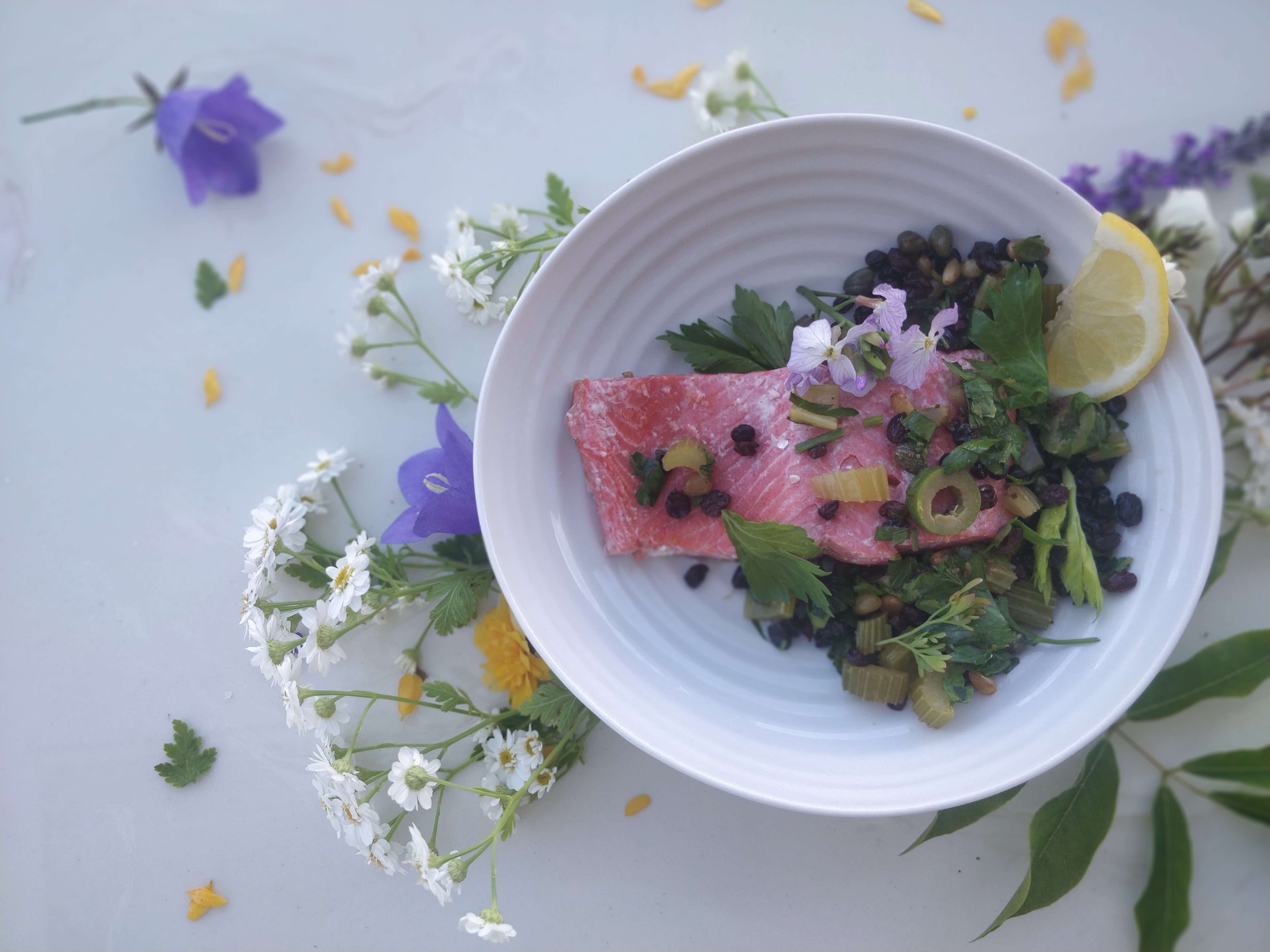 Salmon with Currant-Pine Nut Salsa